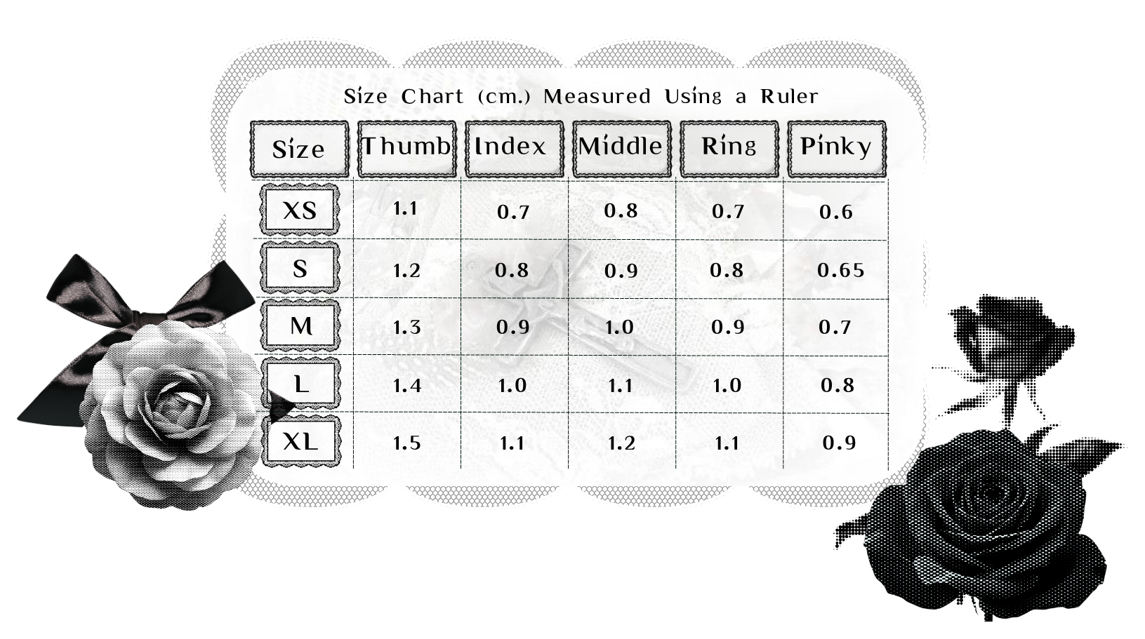 COREVERSE nail size chart from XS to XL