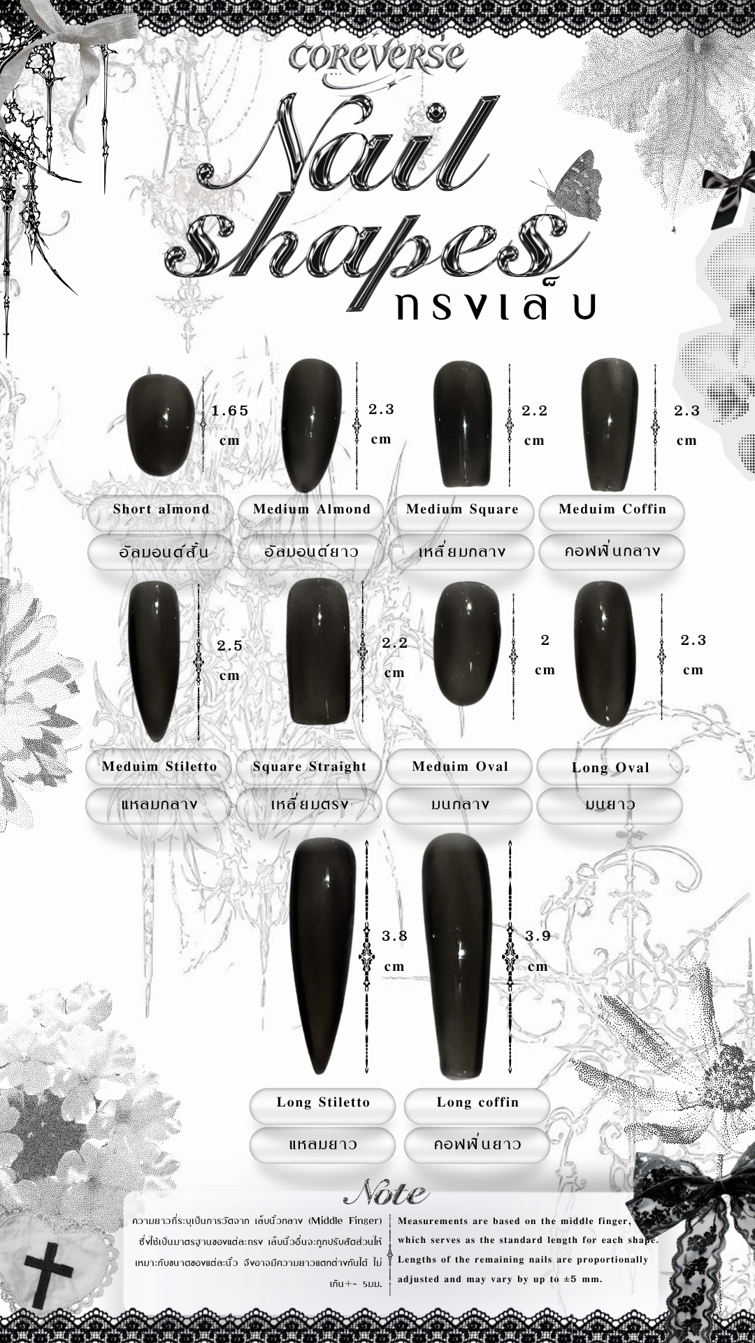 COREVERSE chart of ten nail shapes and reference lengths